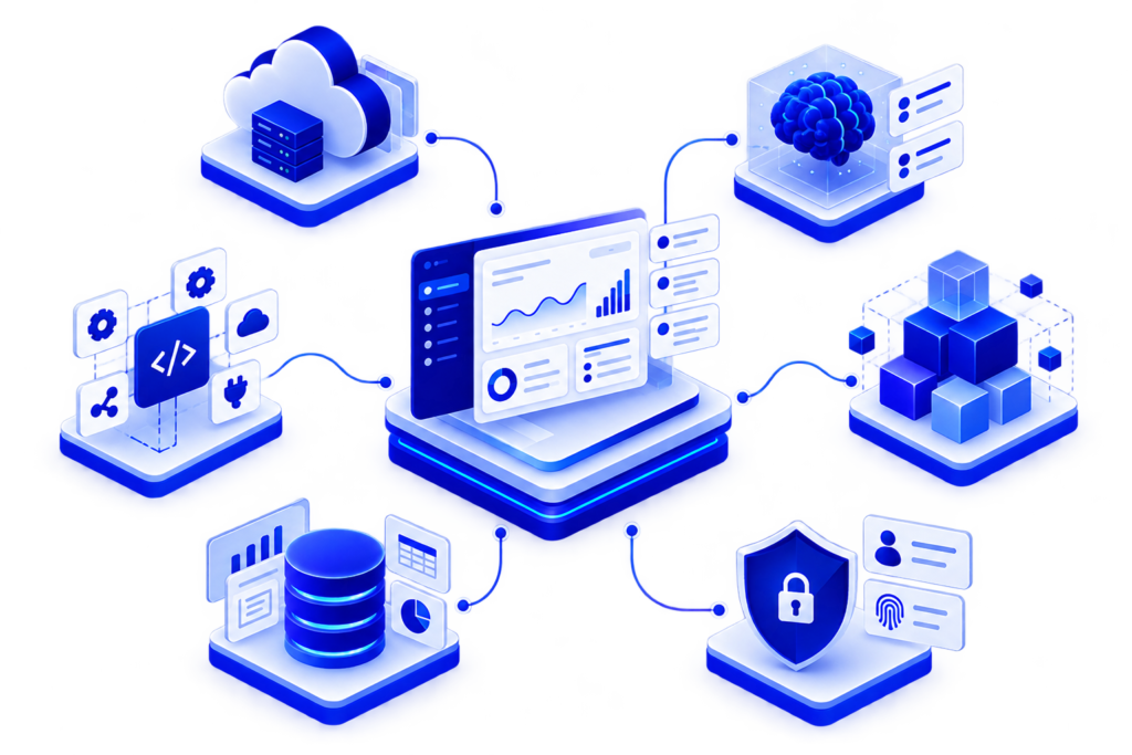 Diagram of cloud services, databases and security controls connected together